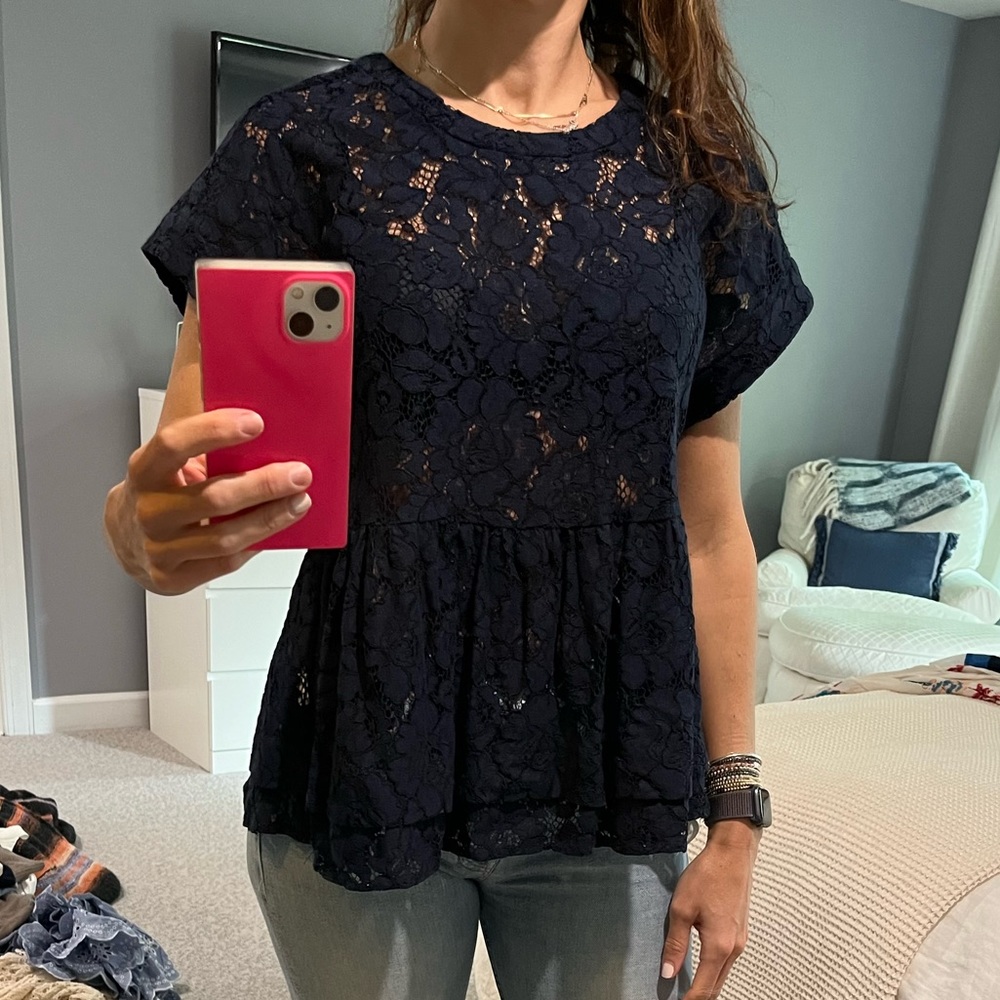 Chelsea28 navy lace top with peplum